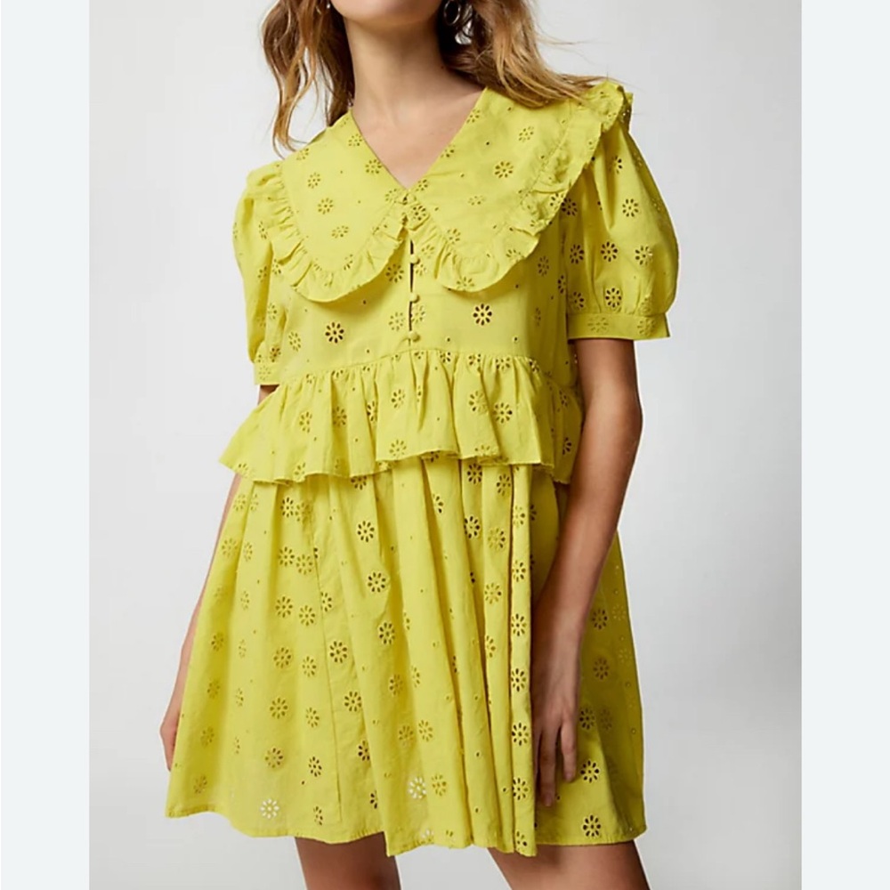 UO Yellow Eyelet Dress with Ruffle Collar